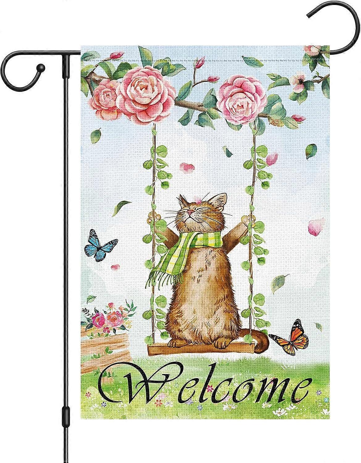 Welcome Spring Cat Garden Flag 28x40 Double Sided Vertical, Swing Cat Floral Garden Flags (ONLY FLAG