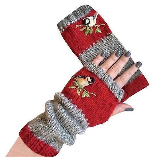 1 Pair Fall Winter Gloves Fingerless Knitted Bird Embroidery High Elasticity Non-slip Arm Warmers Colorblock Arm Sleeves Keep Warm Windproof