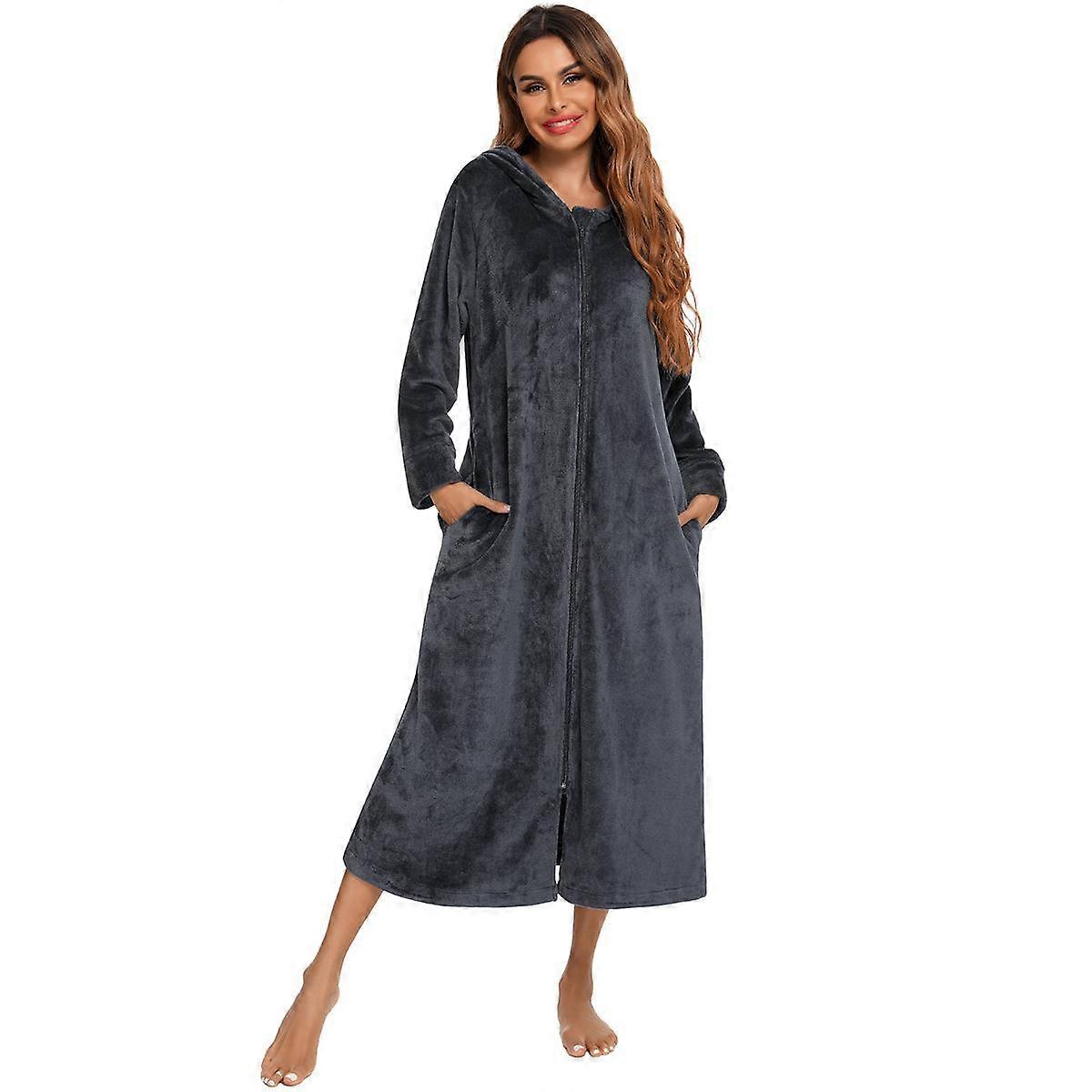 Women's Zip Up Plush Fleece Robe Hooded Warm Long Bathrobe Dressing Gown Winter Cozy Zipper Lounger Sleepwear Housecoat Loungewear Nightgown