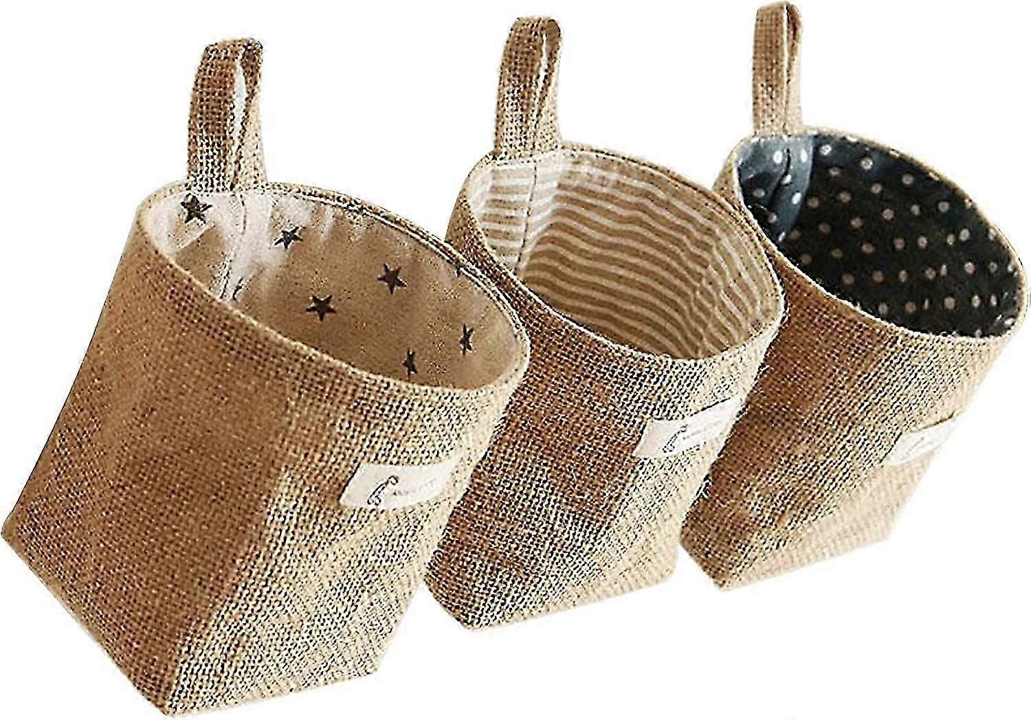 3 قطع حقيبة تخزين معلقة صغيرة ، قطن وكتان قابلة للطي منظم سلة مع مقبض و 6 خطافات لمكياج المطبخ المنزلي للمكتب ، مفاتيح ، أداة