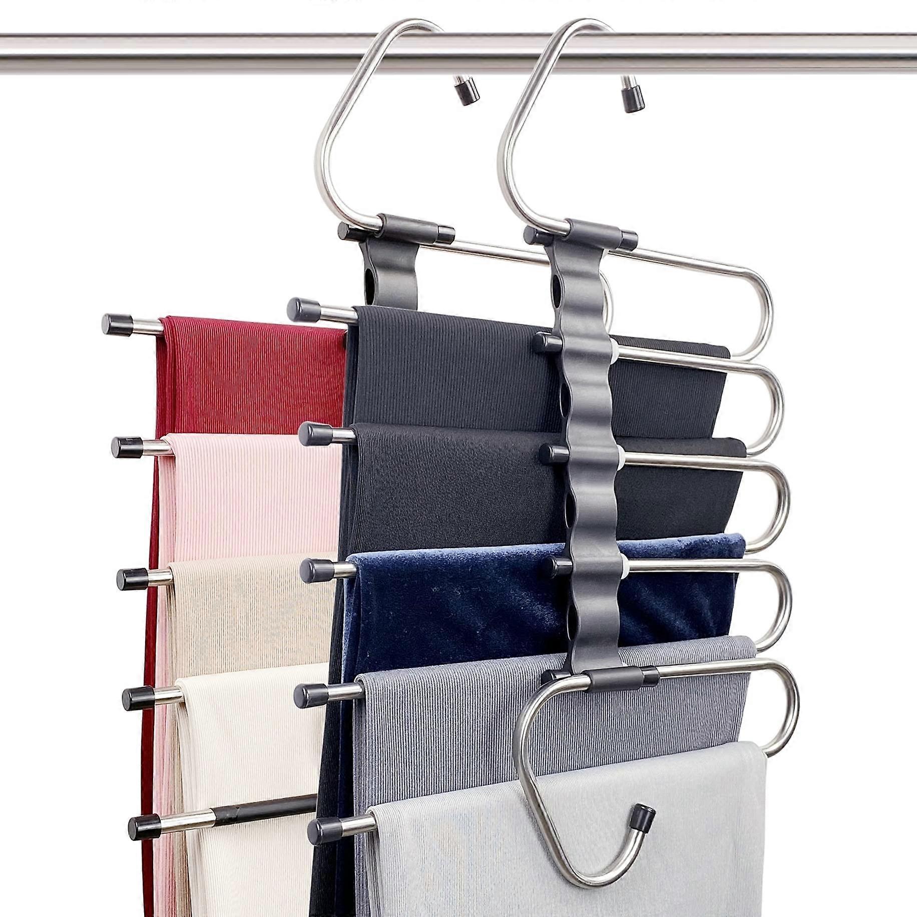 2 Pack Space Saving Pants Hangers with 10 Metal Clips for Closet Organization, Adjustable Multi-Use and Heavy-Duty Design