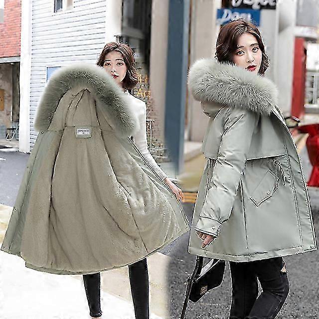 2024 سترة شتوية جديدة للنساء سترة أزياء معطف طويل صوف بطانة مقنعين باركاس سليم مع طوق الفراء ملابس ثلجية دافئة ملابس مبطنة