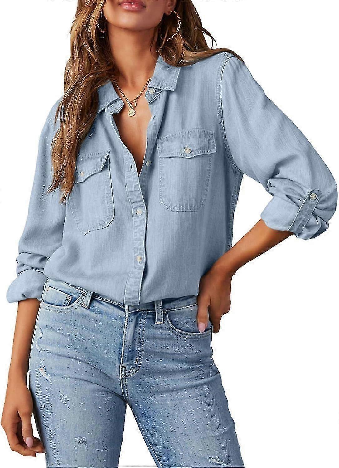 Donne Button Down Camicie di Jeans Casual Manica Lunga Scollo A V Chambray Camicetta Top