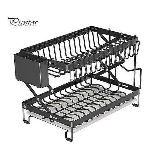 Drain Dish Rack with Wine Glass Holder Strong Load-bearing Height Adjustable 2-Tier Kitchen Counter Drying Rack Utensil Holder