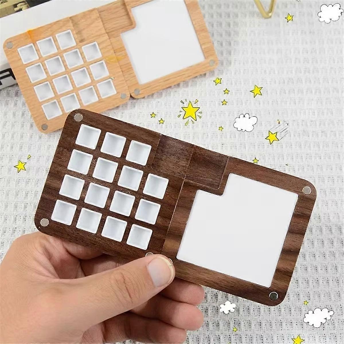 15 Grid Portable Sketchbook Palette, Mini Walnut Wood Color Palette Box Travel Watercolor Case for Drawing Black Walnut