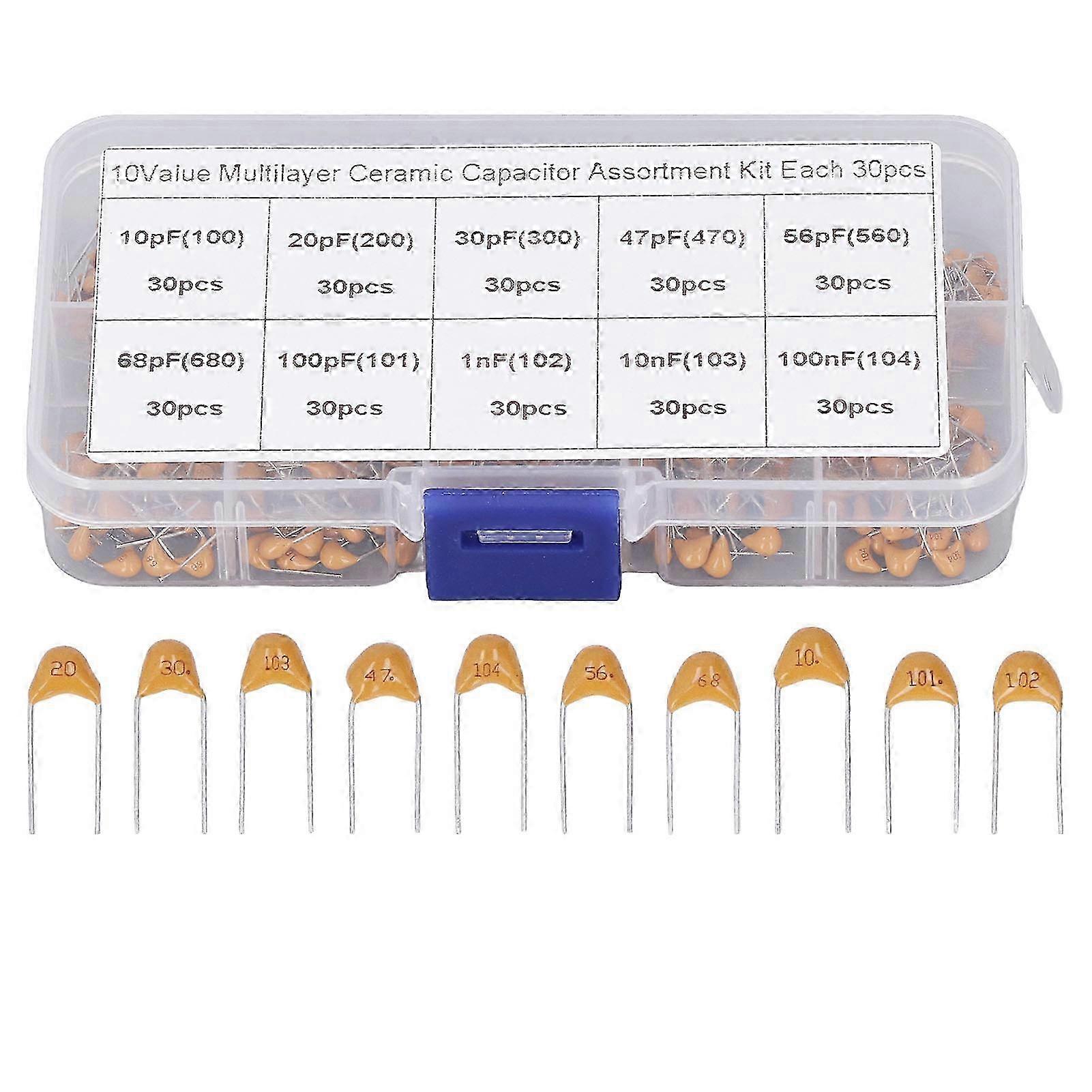 300PCS Monolithic Ceramic Capacitor Capacitance Stabilization Ceramic Chip Capacitor Assortment Kit 10PF to 100NF