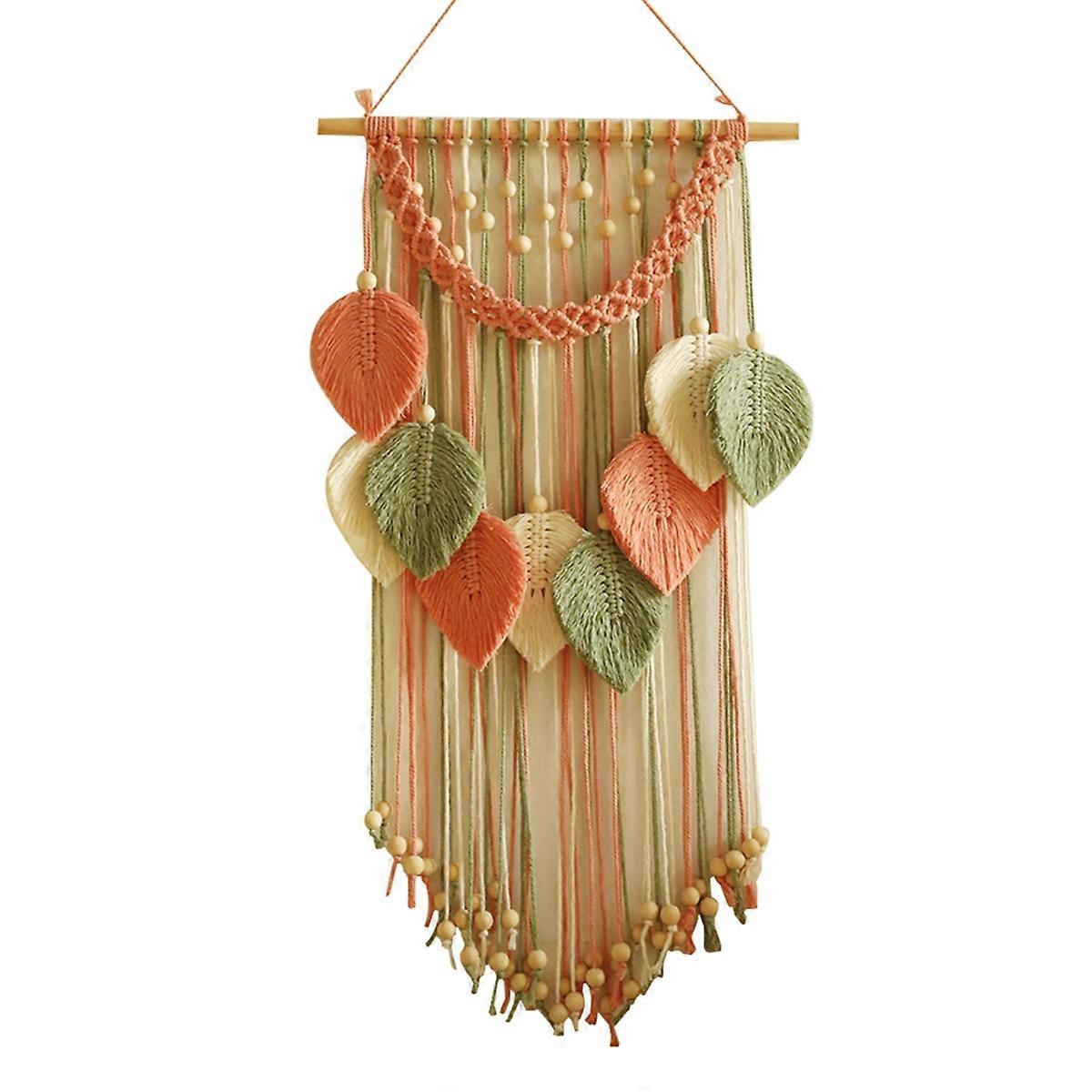 Multicolor Leaves Tapestry Boho Hand Woven Macrame+Wooden Beads B