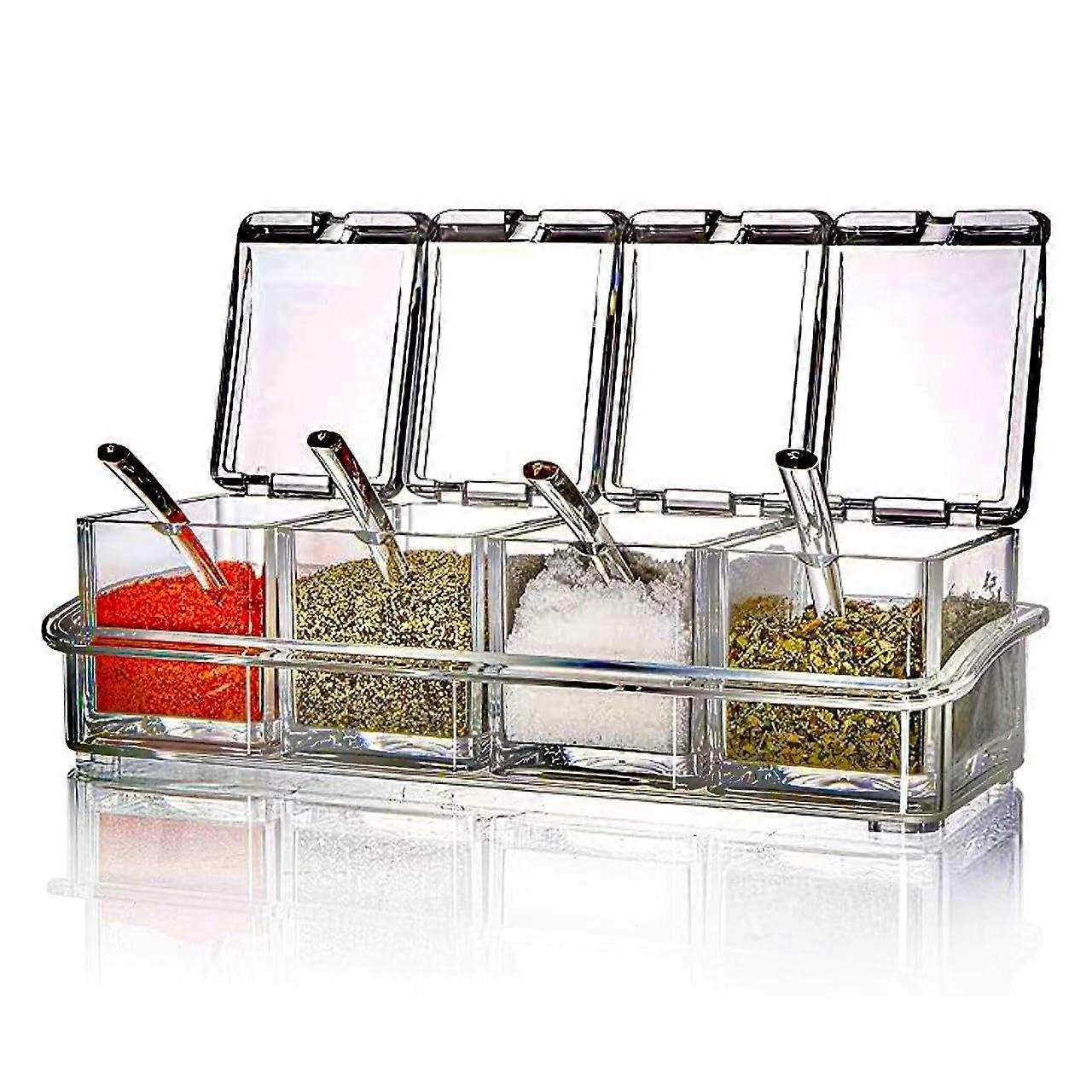 4-Piece Clear Acrylic Condiment Containers with Lids and Spoons for Salt, Sugar, Pepper - Spice Storage for Countertop Use