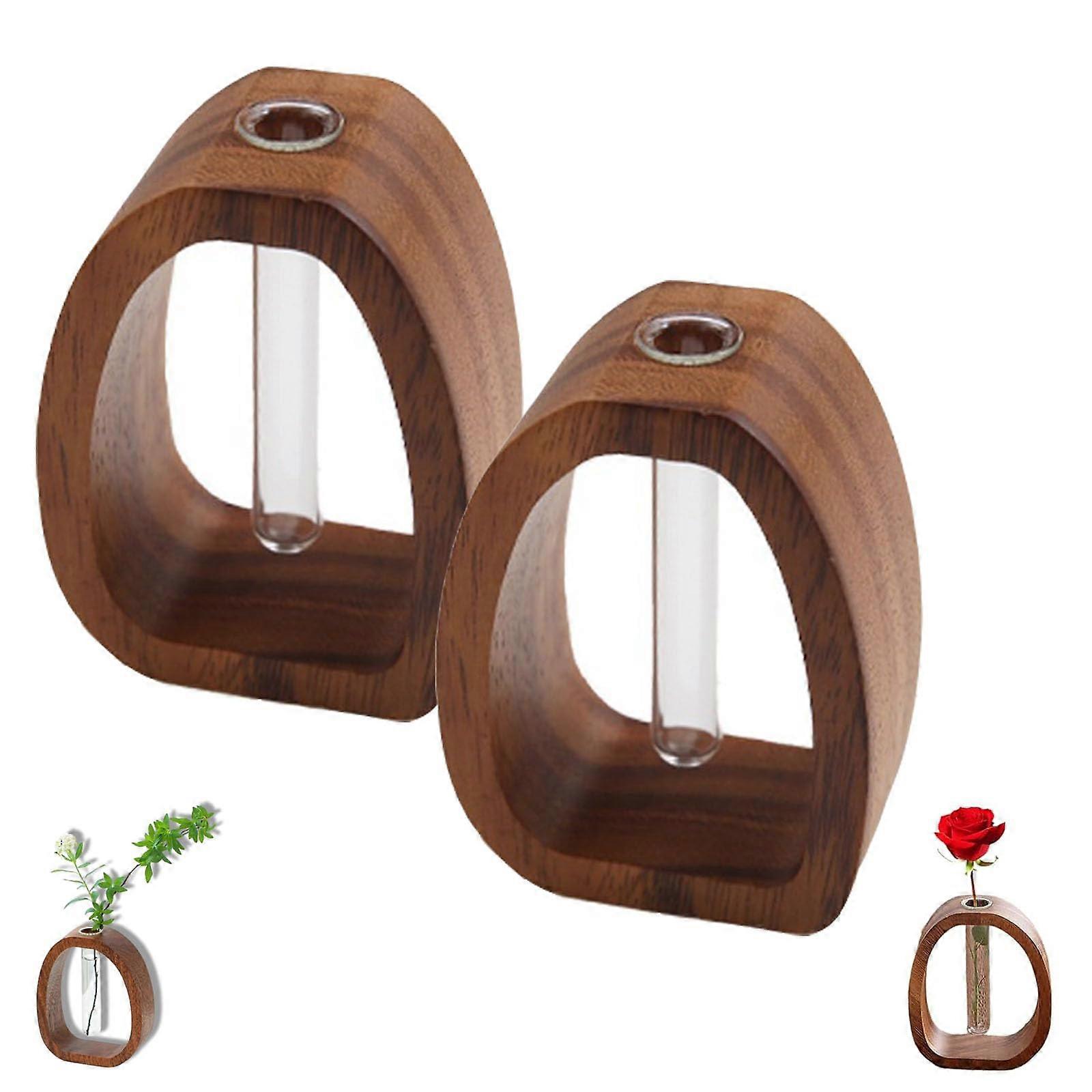 Walnut Wood and Glas Flower Vases 2-Piece Set Size S, Walnut Craftsmanship, Transparent Glass Vase Desktop Decor
