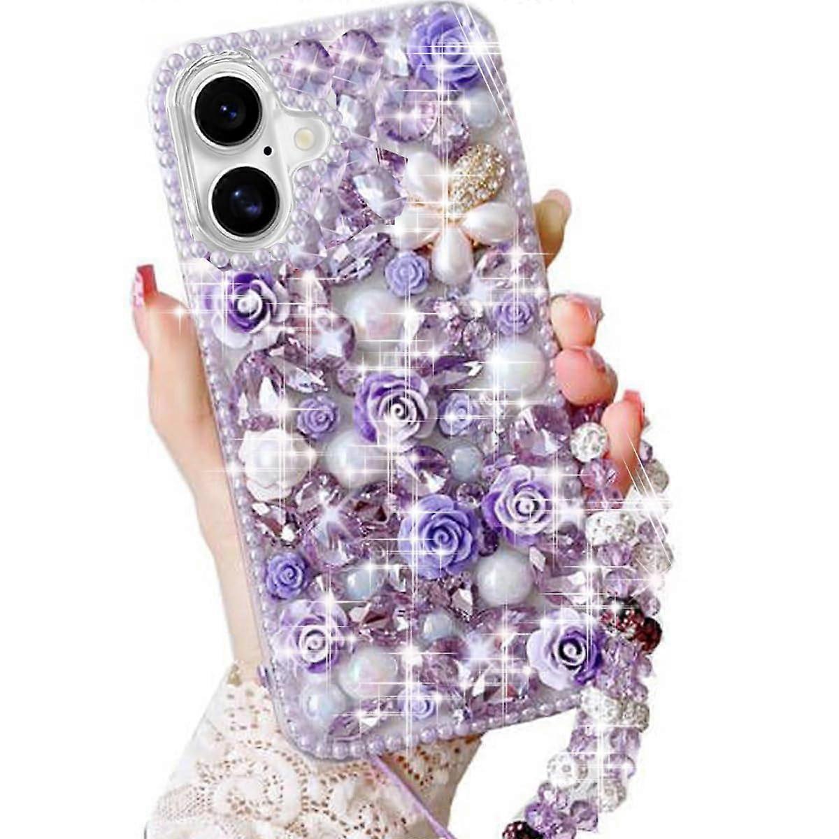 for iPhone 16 Glitter Bling Case, Cute Luxury 3D Sparkle Shiny Crystal Rhinestones with Lanyard