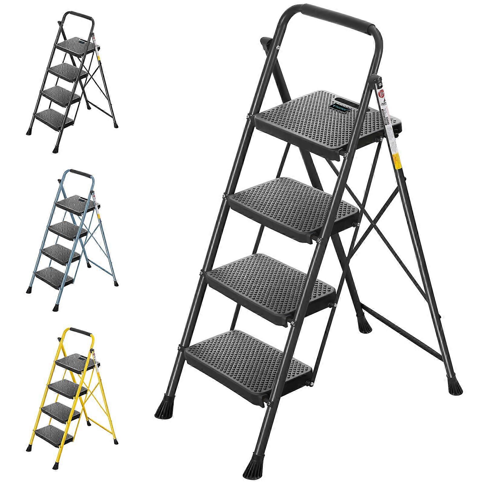 4 Step Ladder Foldable Steel Stool For Household And Garage Storage Black, 4-Step Collapsible Stool