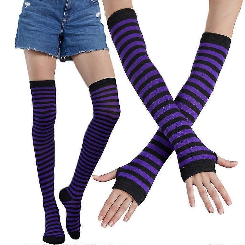 Women's Multicolored Striped Over-the-Knee Stockings and Arm Warmers Set with Red and Green Knitted Gloves for Winter Parties