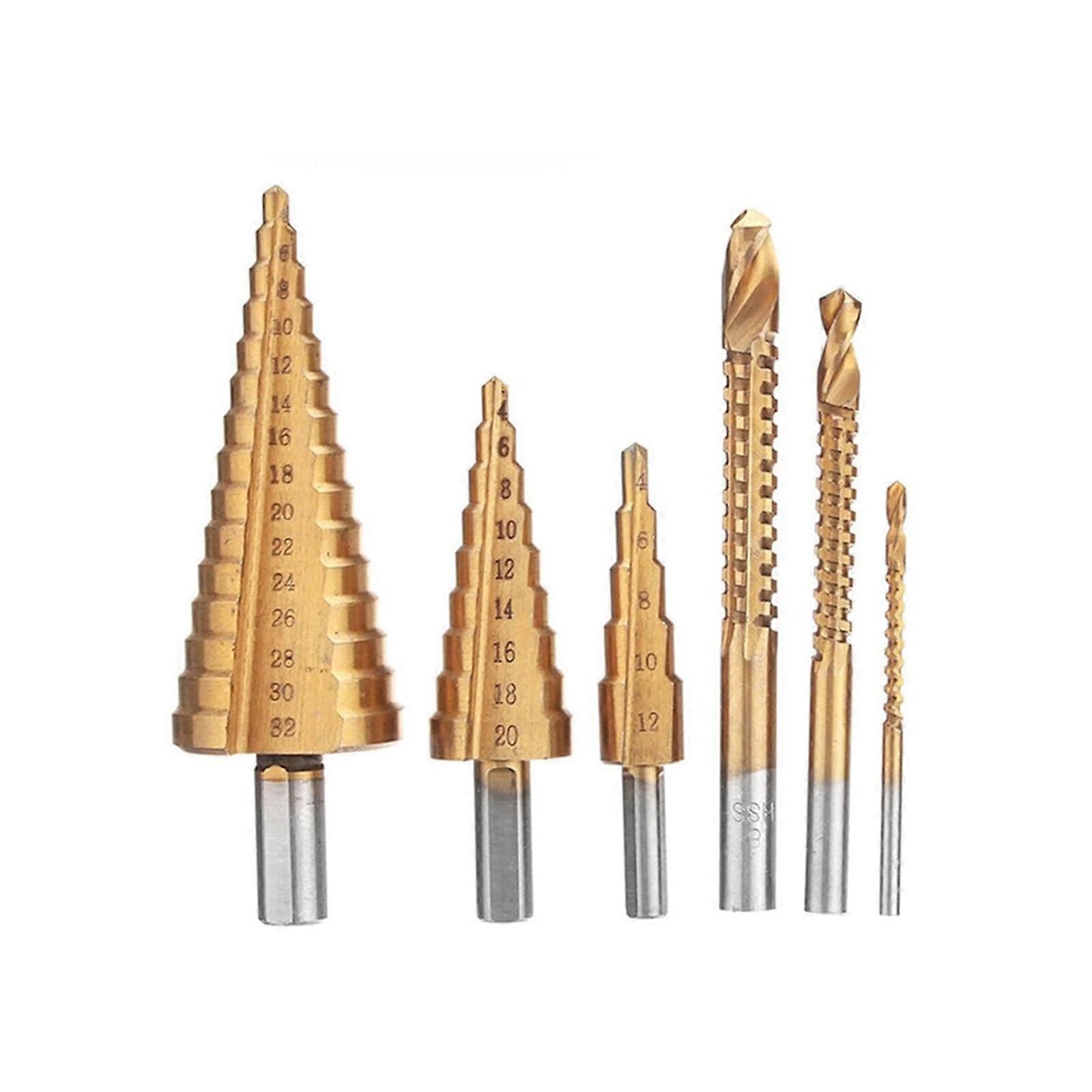 HSS Steel Titanium Step Drill Bit Set 6-Piece Metal and Wood Hole Cutter Tapered Core Drill Size Specifications