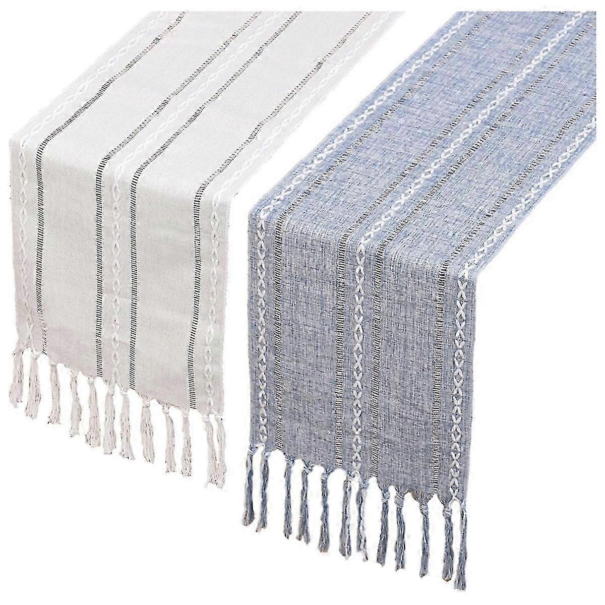Table Runner 2Pack 13 x 78 Inches Linen Boho Table Runner, Braided Striped Runner for Dining Party