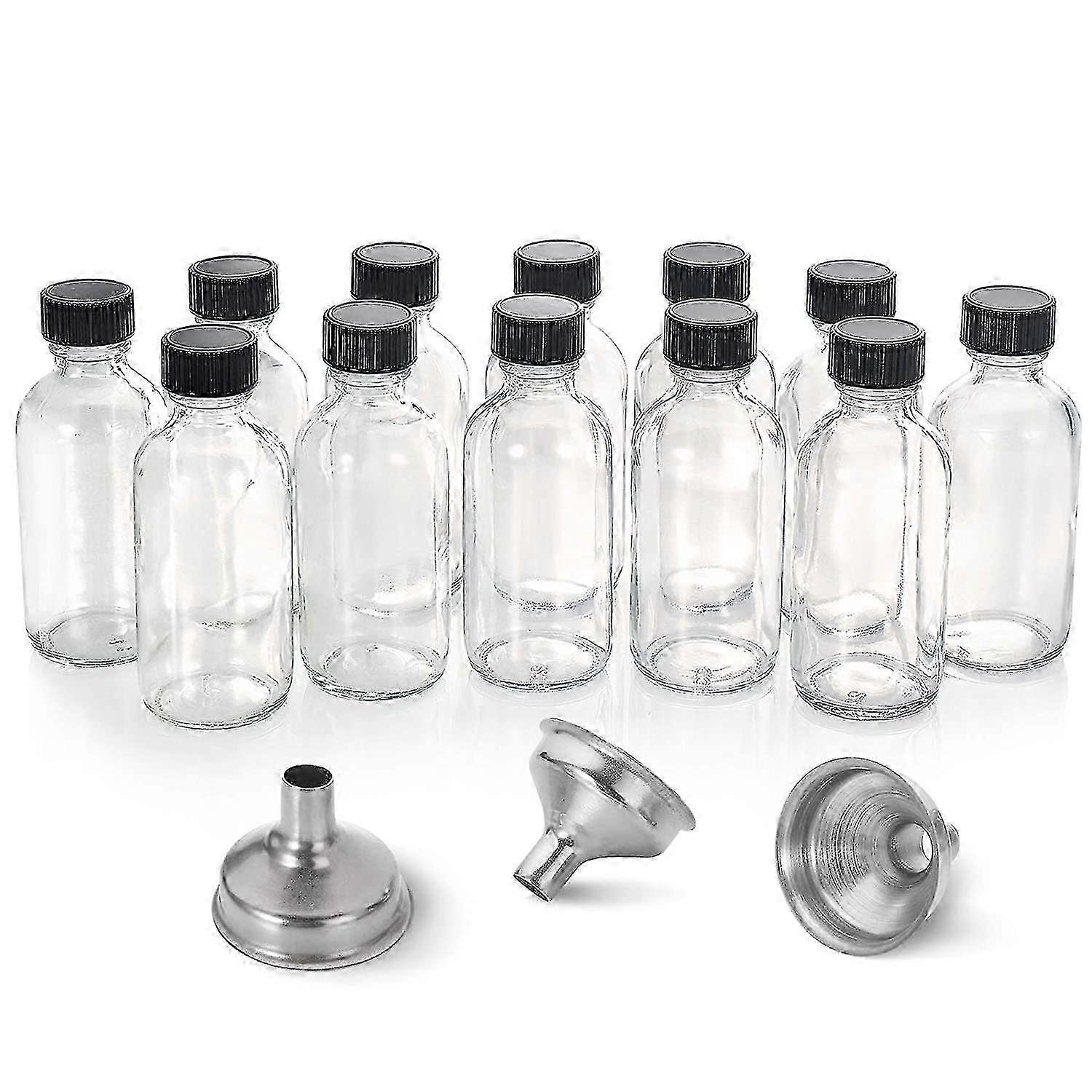 12, 2 oz piccole bottiglie di vetro trasparente (60 ml) con coperchi e 3 imbuti in acciaio inossidabile - adatto per vari usi tra cui pozioni, succhi, ginge