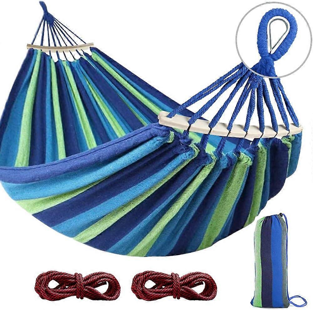 Hammock, with anti-tilt wooden bar and rope, 220 x 150 cm, blue