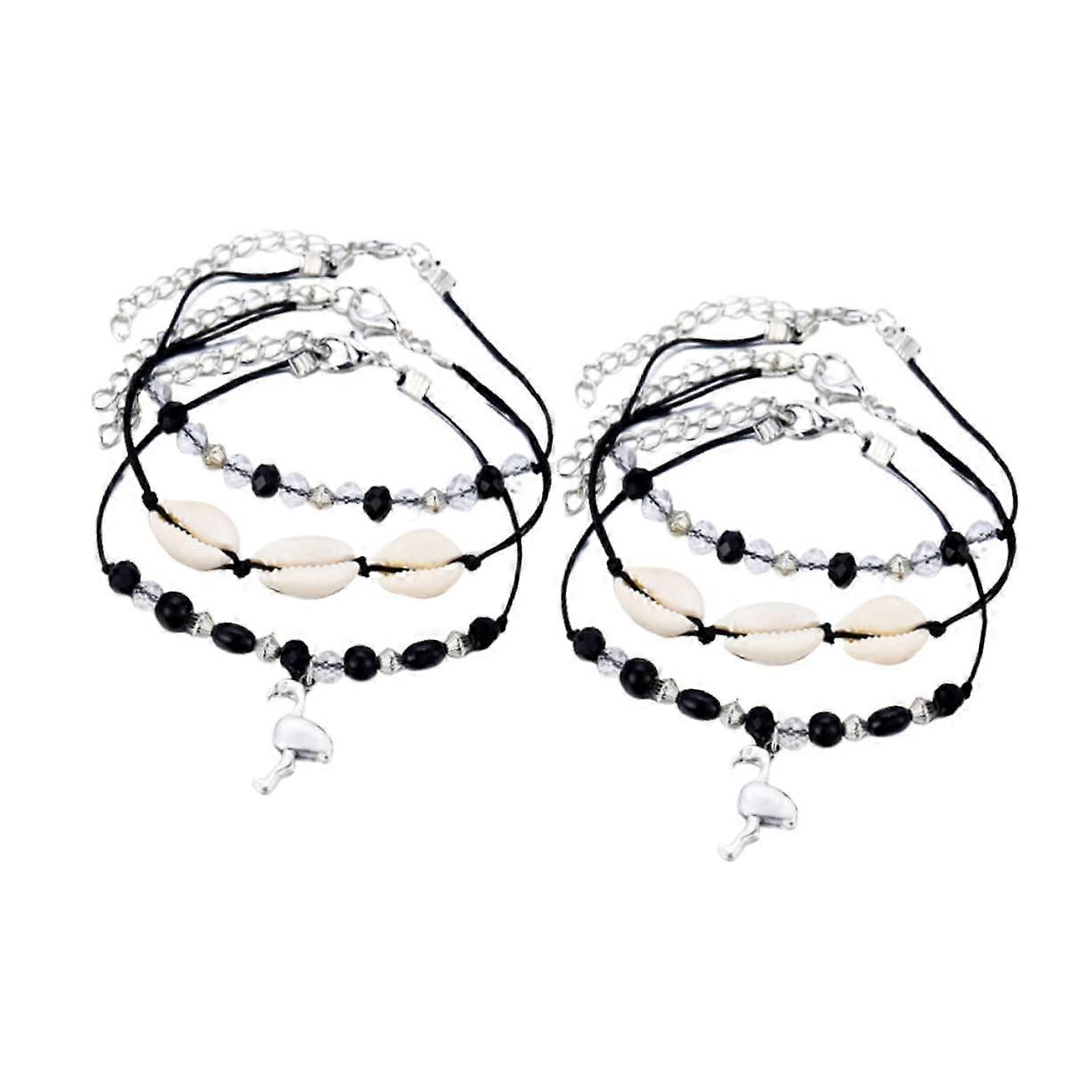 Vintage Shell and Flamingo Design Anklet Set - Handmade Durable Beach Jewelry for Special Occasions, 2 Pieces