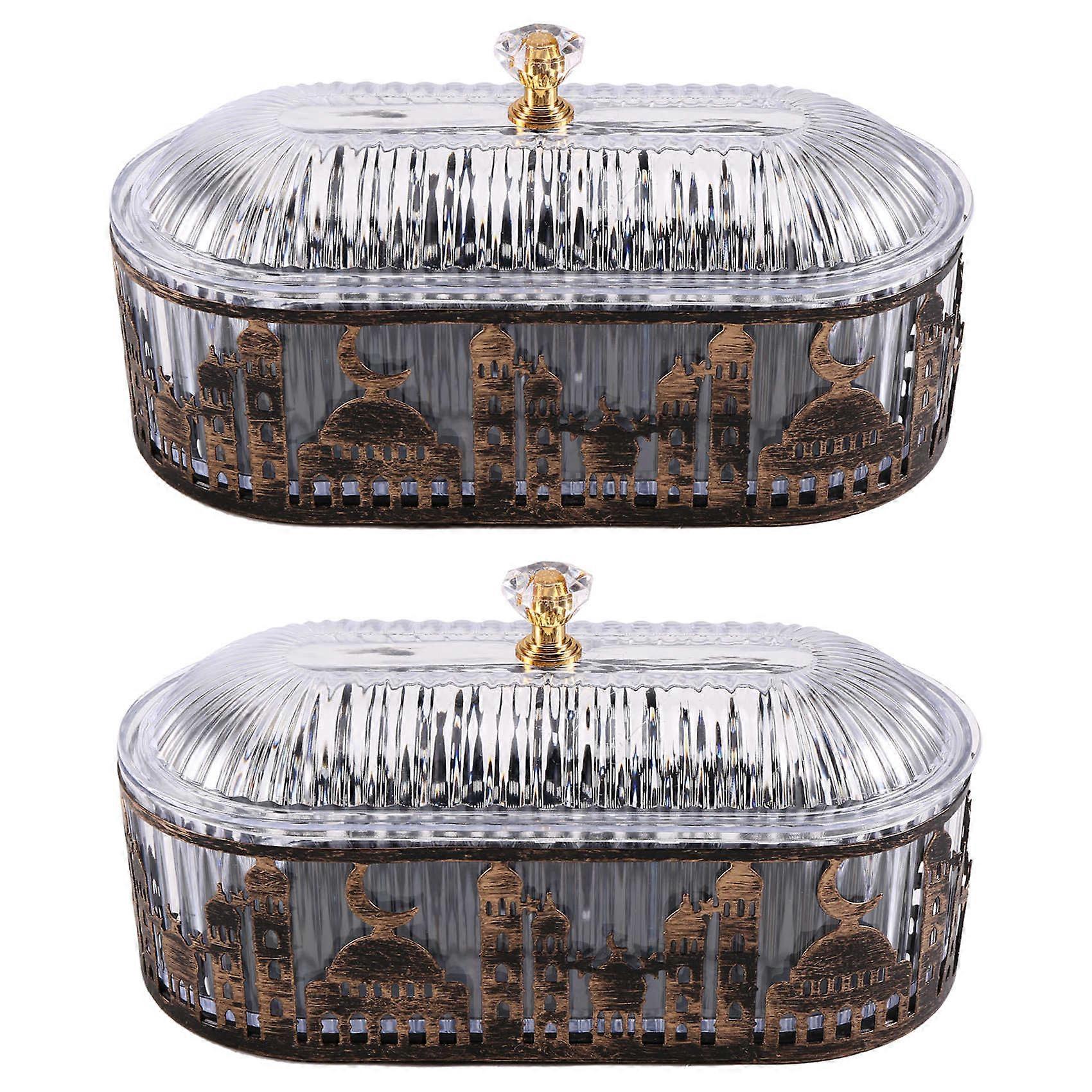 2 Pcs Ramadan Festival Candy Snack Storage Box Eid Candy Snack Jar Ramadan Food Storage Table Decorations As Shown