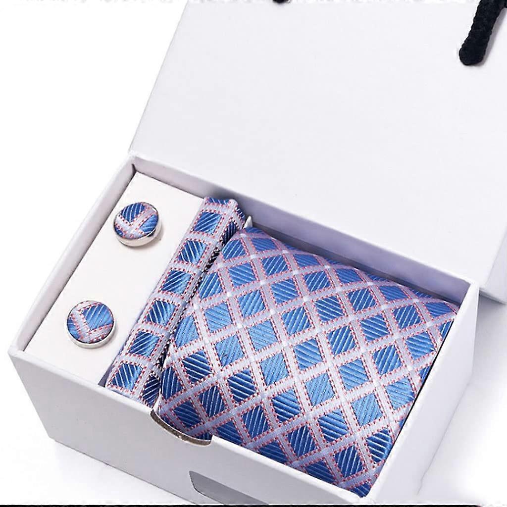 Silk Tie Set with Pocket Square and Cufflinks in Light Grey Geometric Design for Formal Wear