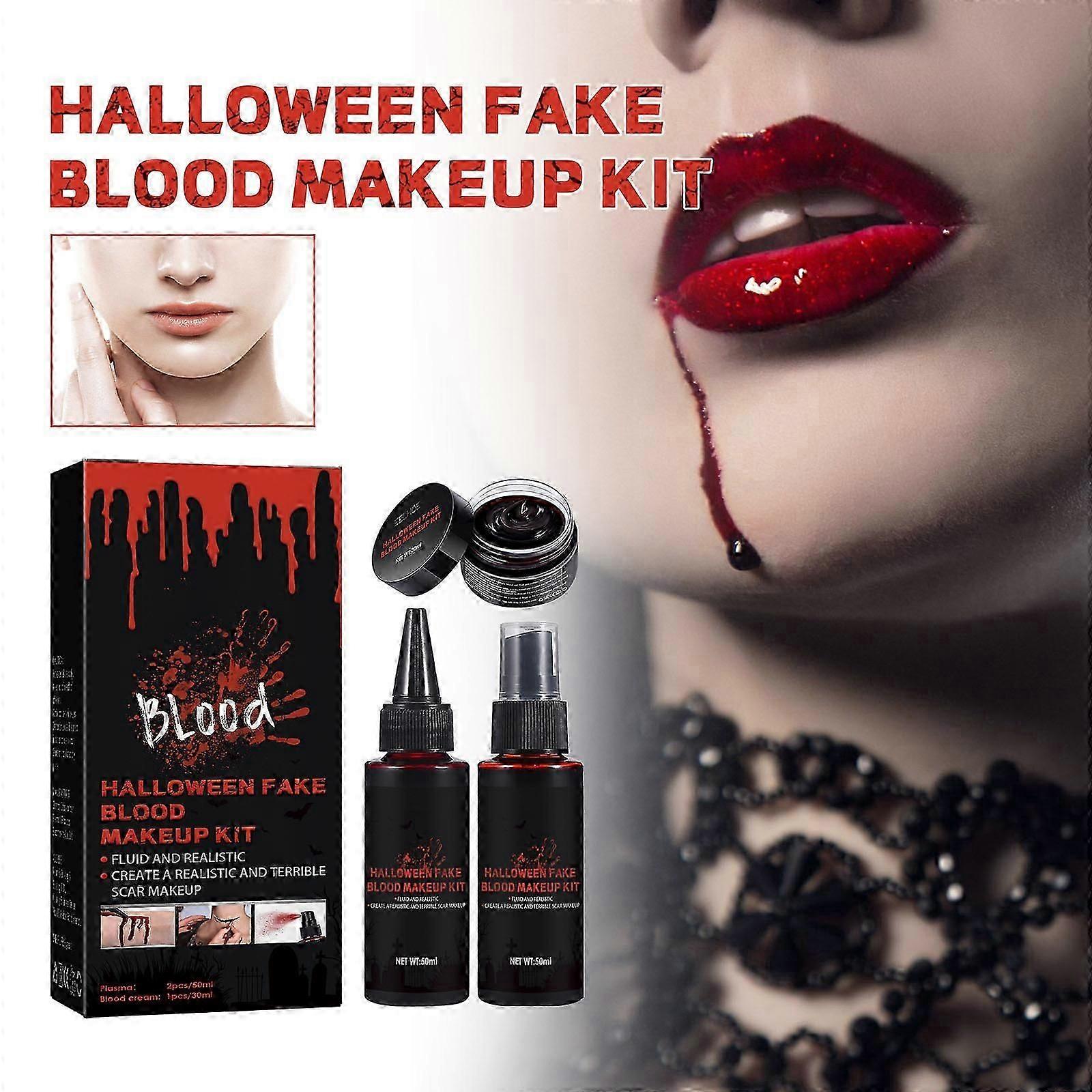 Halloween väärennetty verimeikkipakkaus, koaguloitu veri 50ml + väärennetty verisuihke 50ml+ tippuva veri 30ml, zombivampyyrihirviö cosplay suuvaatteet d