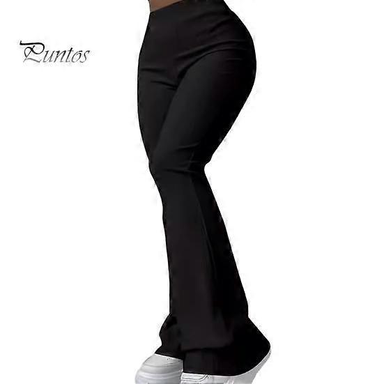 Women Wide-Leg Bootcut Pants Elastic High Waist Solid Color Ribbed Trousers Solid Color Design Flared Pants