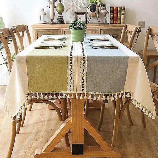 Cotton and linen tablecloth, washable, with tassels, rectangular, dustproof tablecloth for kitchen decoration (blue-green stripes, rectangular/oval).