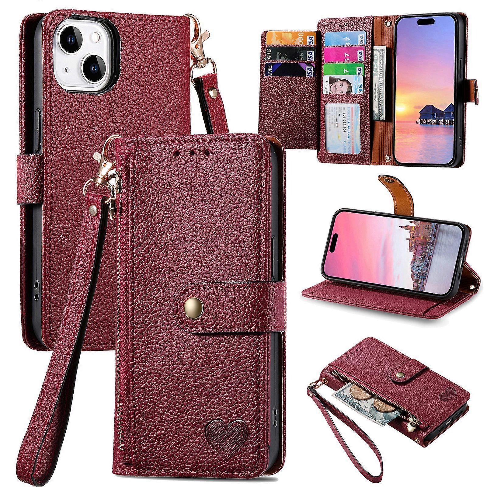 Case for iPhone 14 Premium Zipper Closure Leather Wallet Cover with 7 Card Slots and Wrist Lanyard Compatible with iPhone 14