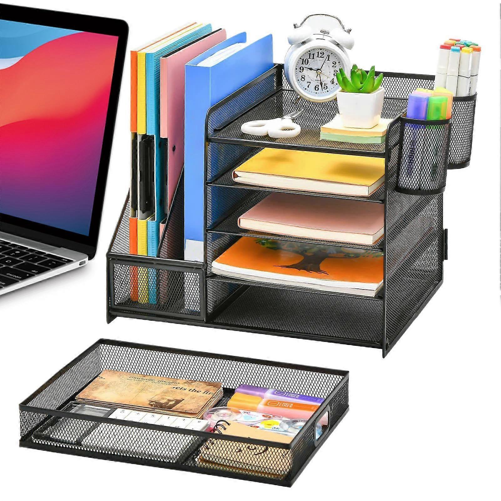 Wire Desk Organizer with Sliding Drawer, Table File Storage Office Supplies Keeper, 5Tier NonSlip Storage for Documents Pens Cosmetics