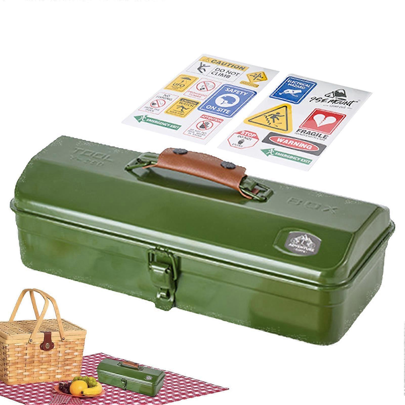 Portable Handheld Metal Storage Box, Camping Metal Storage Box, Iron Compact Portable Case, Handheld Design with Stickers Army Green