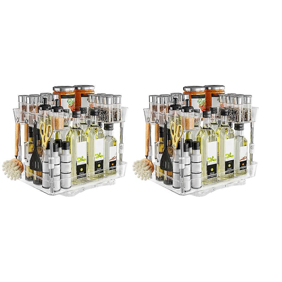 Double-Layer Rotating Rack Multi-Function Rotating Rack for Home Kitchen Height-Adjustable Rack with Hooks Two-Pack