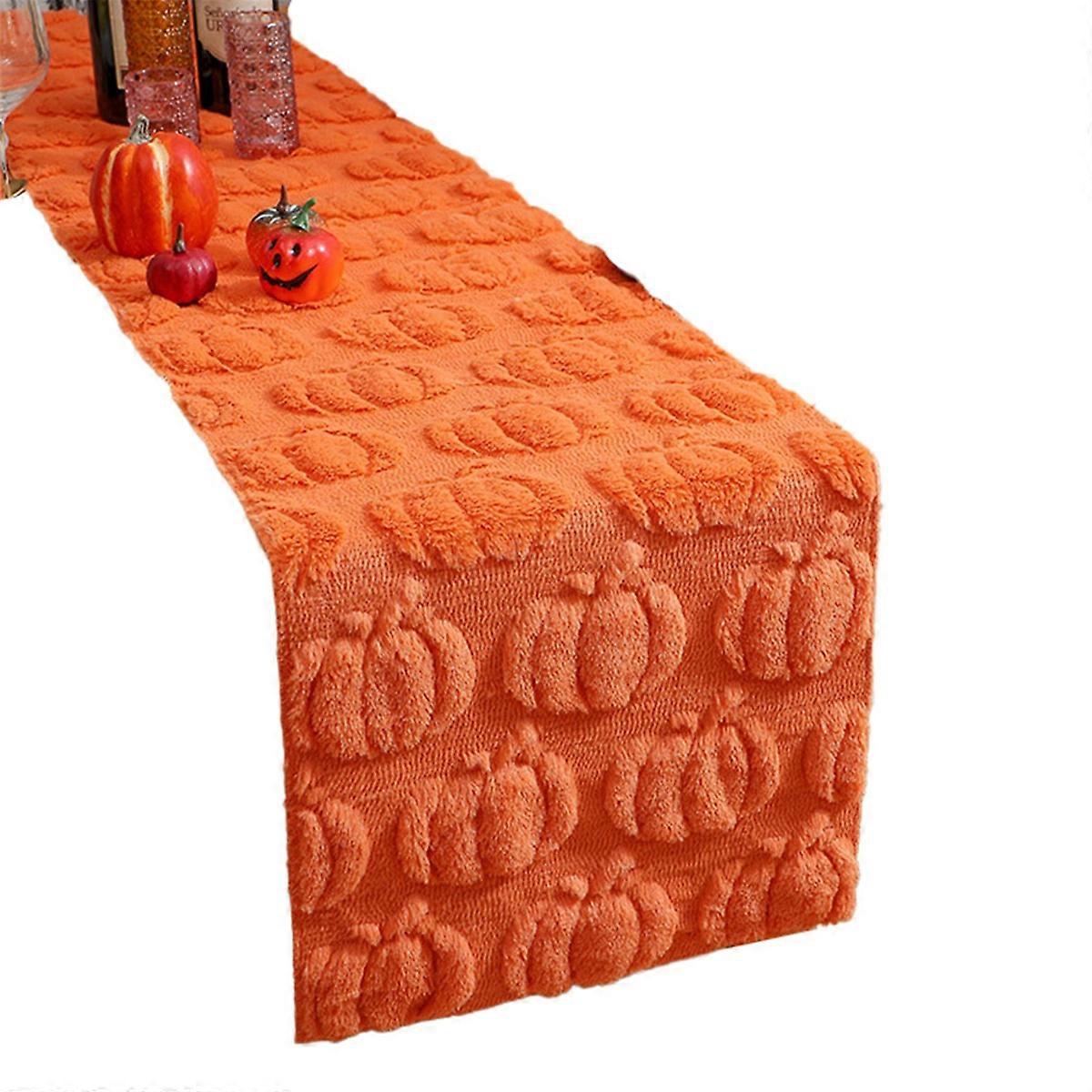Pumpkin Halloween Table Runner 13 x 72 Inch 3D Faux Fur Soft Fall Table Runner for Thanksgiving Decor orange
