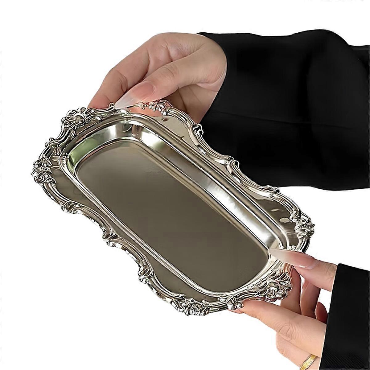 Embossed Stainless Steel Tray Serving Platter for Dining Table Decor