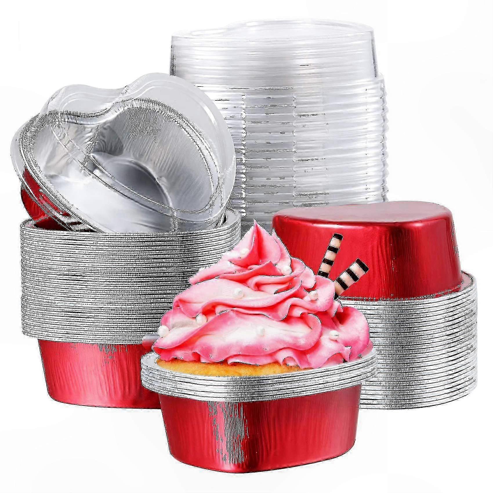 100 Pack Heart-Shaped Red Cupcake Liners with Lids for Valentine's Day Baking and Dessert Making