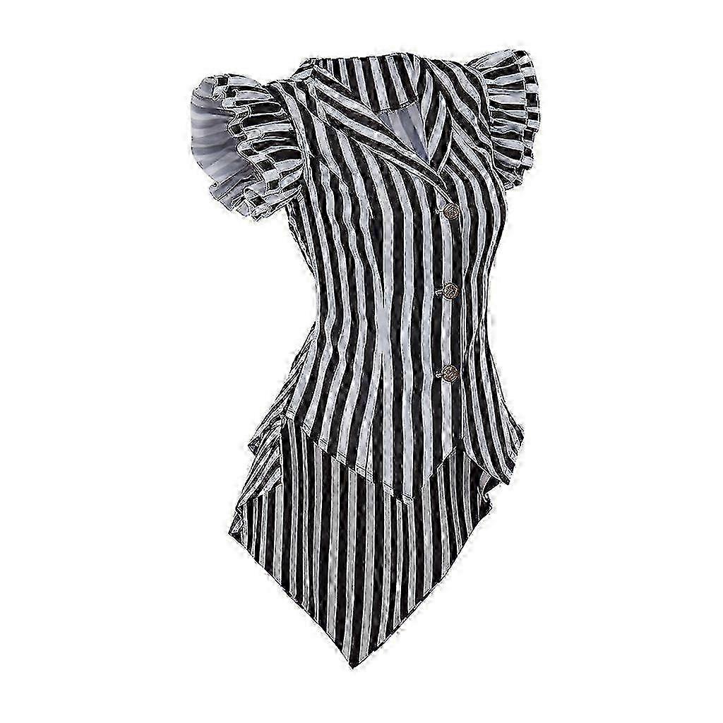 Womens Steampunk Striped Tailcoat Vest Gothic Pirate Style Ruffled Jacket with Button Closure