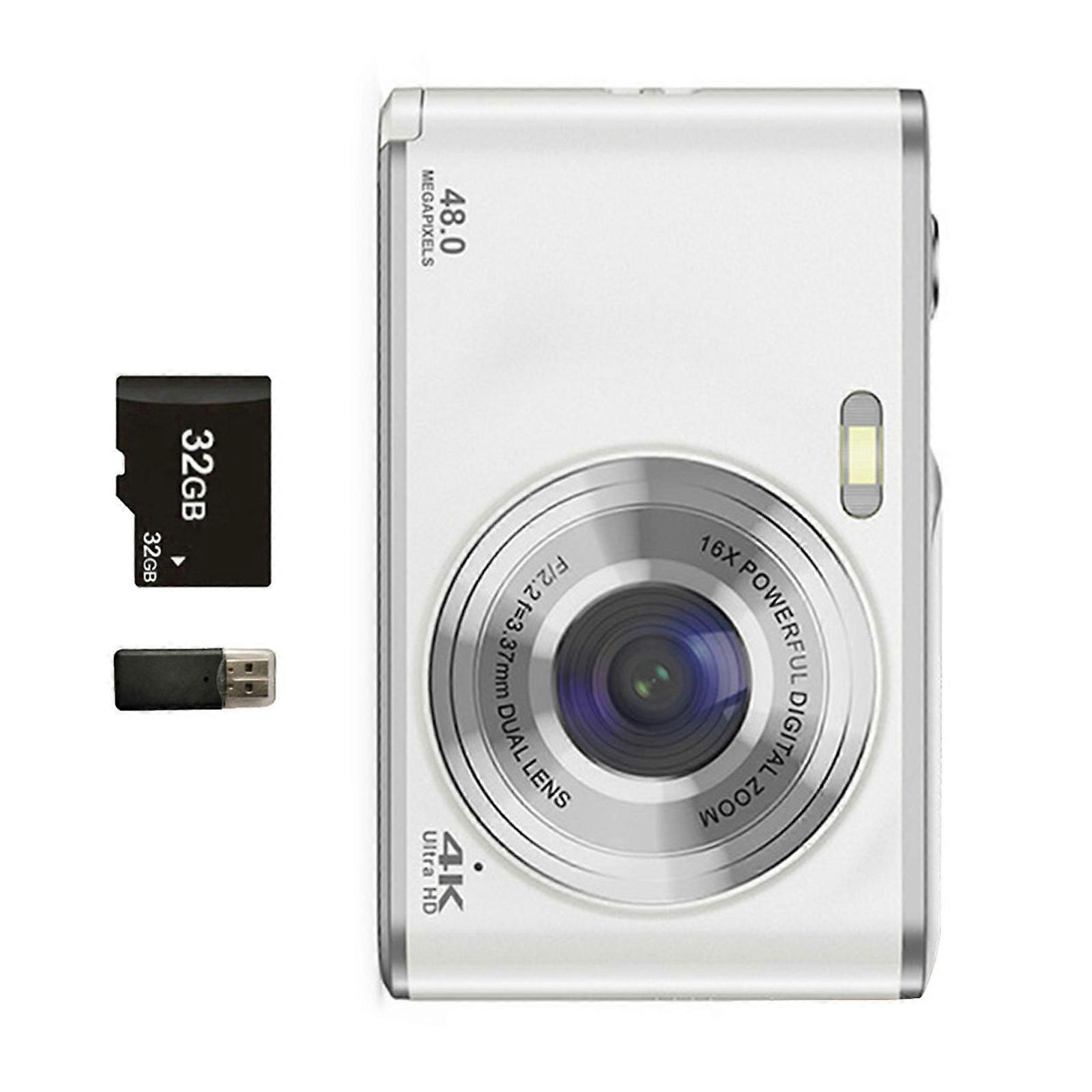 4K Digital Camera 48MP Autofocus Front and Rear Lens 16X Zoom Vloggings Camera for Travel and Home Use  White