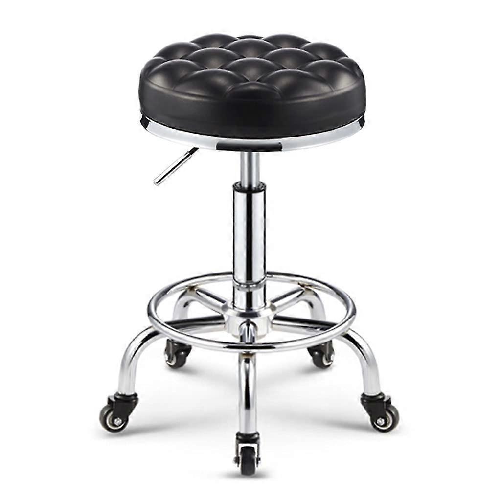 Rolling  Stool With Wheels, Adjustable Drafting Stool, Leather Cushioned Black, Swivel Stool, Work Bench Stool