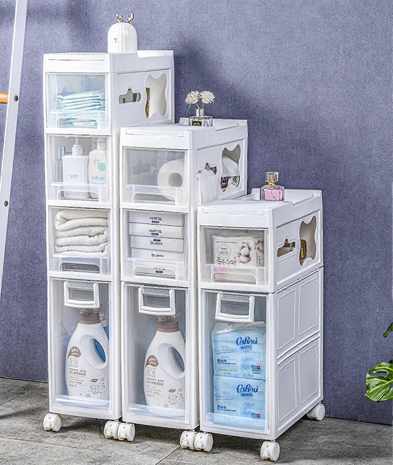 Narrow Bathroom Floor Cabinet 7.6Inch Wide, Slim Toilet Paper Cabinet With Drawers And Casters, 2Tier For Small Spaces