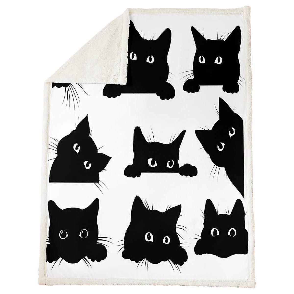 Cat Print Flannel Fleece Blanket 150x200cm ExtraSoft Warm Cute Black Cat Design for All Seasons