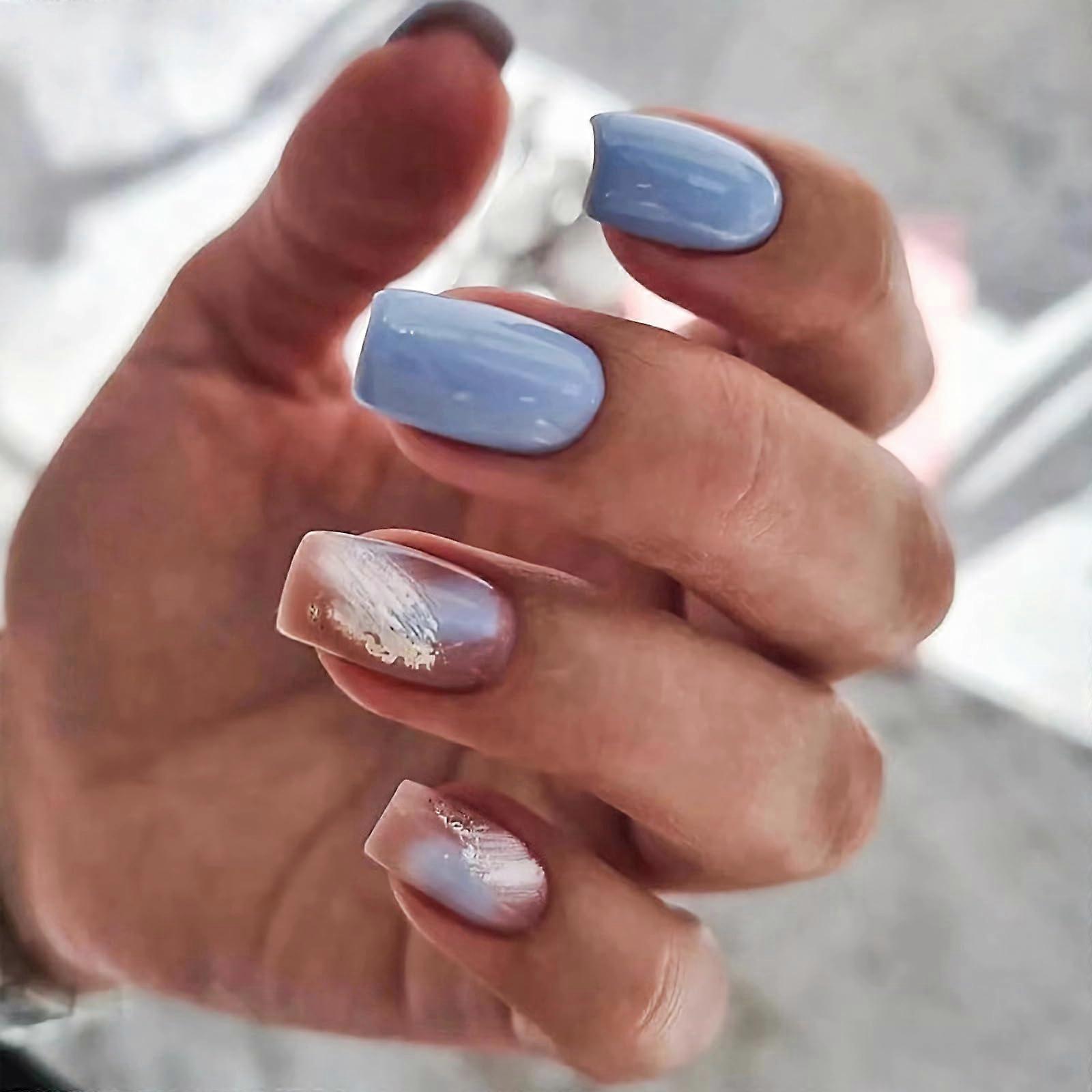 Square Press on Nails Medium Length White Gradient Blue with Marble Glitter French Tips Reusable