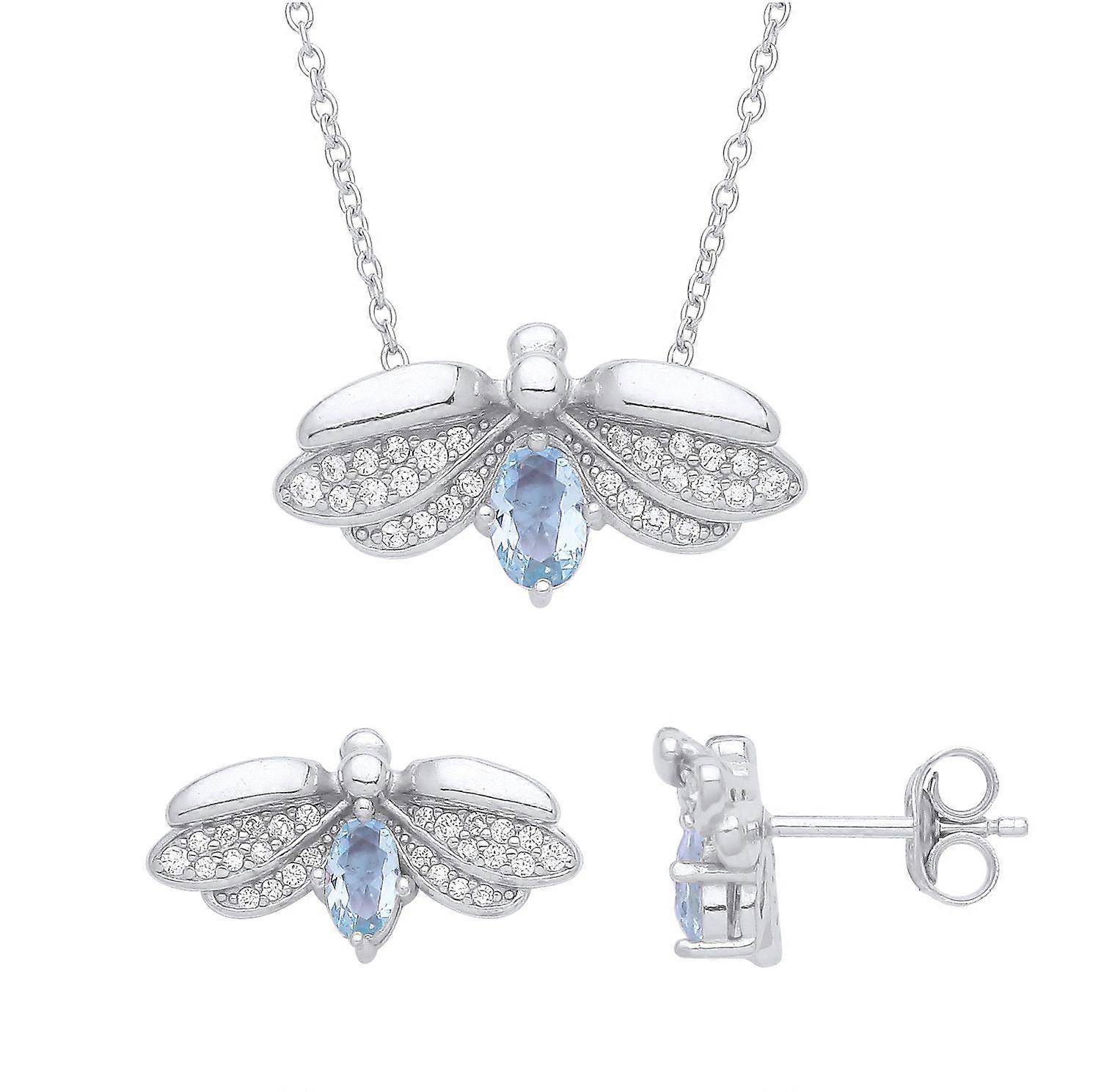 Jewelco London Ladies Rhodium Plated Sterling Silver Blue Oval CZ Firefly Flying Beetle Wings Earrings Necklace Set