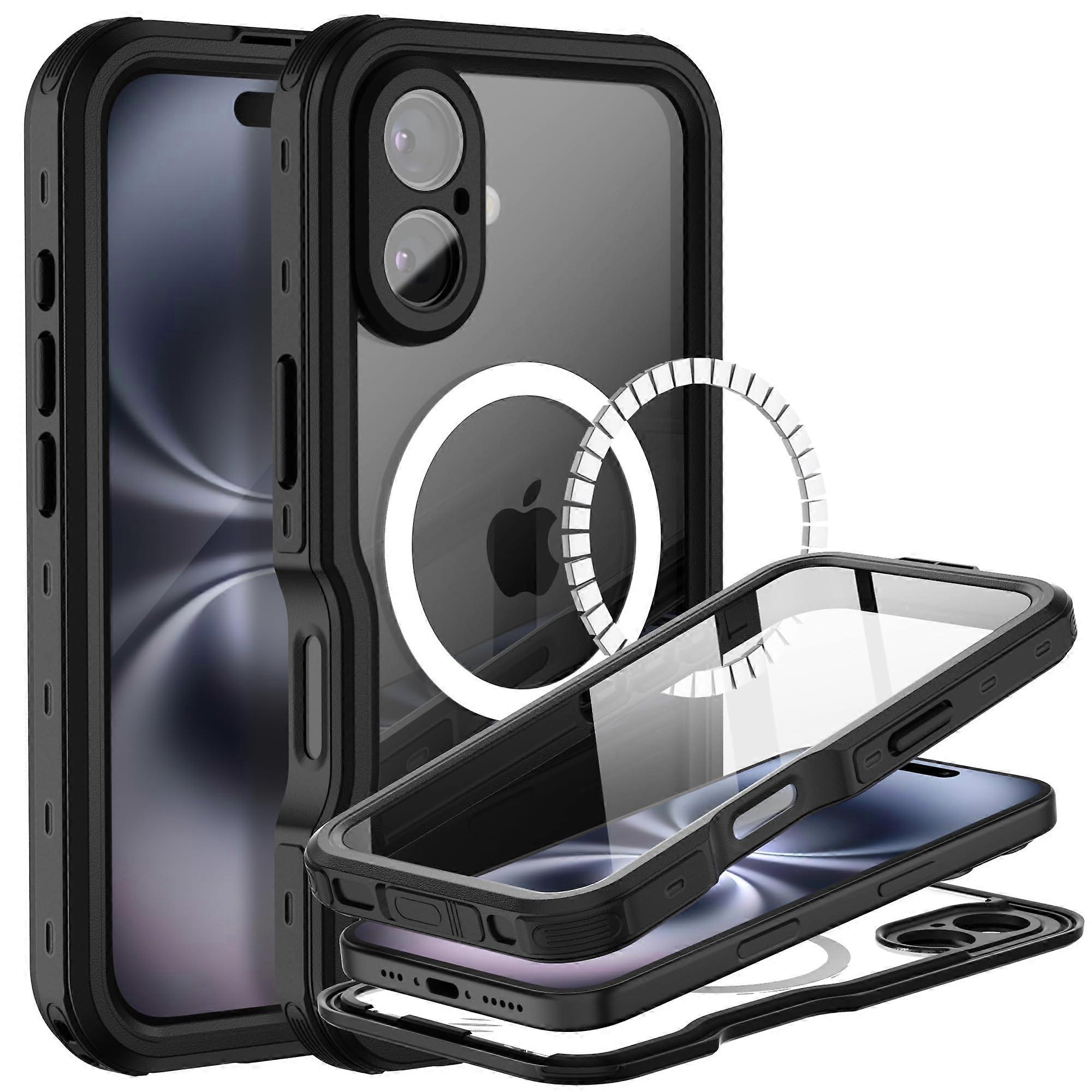 Waterproof Case with Screen Protector, Shockproof Dustproof Clear Back 6.1'' Black for iPhone 16, Compatible with MagSafe