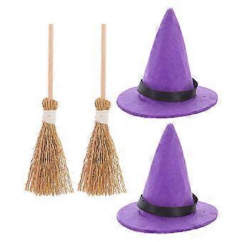 Miniature Witch Hat Broom for Halloween Decor 2Sets Doll House Scene Layout
