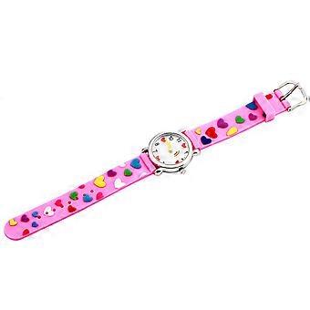 1Pc 3D Kids Cartoon Watch Delicate Love Heart Pattern Strap Wristwatch Eco-friendly Pupils Watch (Pink)