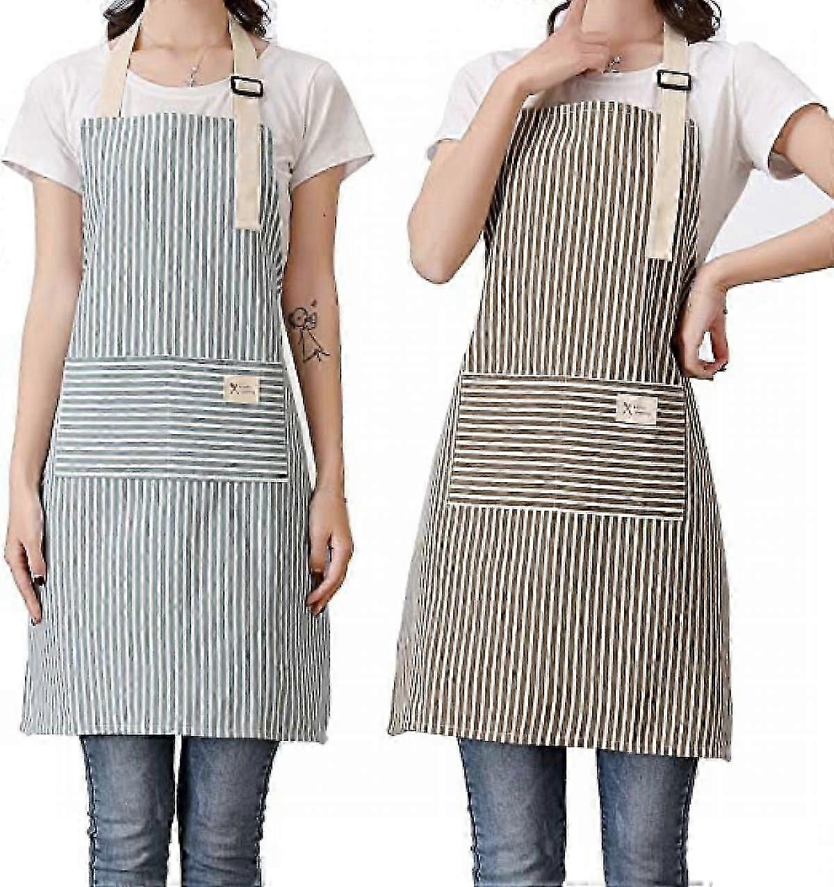2-Pack Adjustable Blue/Brown Striped Cooking Apron for Kitchen Use, Chef Apron Equipped with 2 Practical Pockets