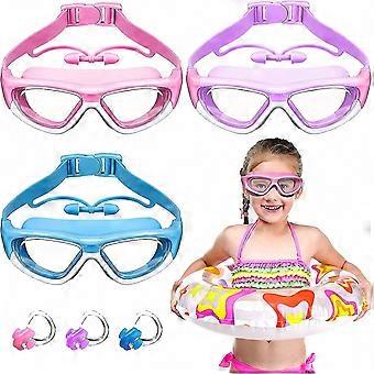 Anti-Fog Wide View Swim Goggles 3 Pcs Kids Pool Goggles With Earplugs & Nose Clip, Ages 3-12
