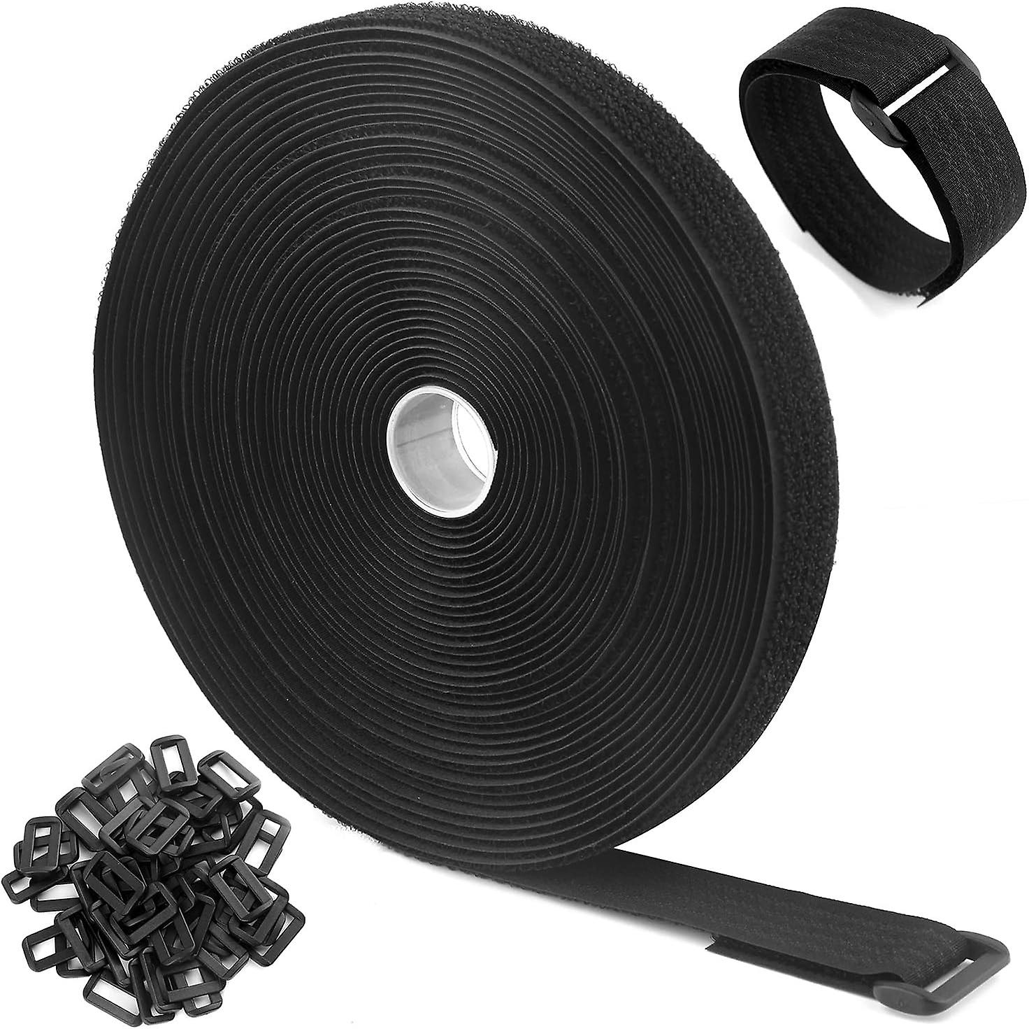 AURA 10m Adjustable Black Fastening Cable Ties,with 50 Buckles, Free Cut Length, Hook and Loop Securing Strap for Cable Tidy, 2cm Wide