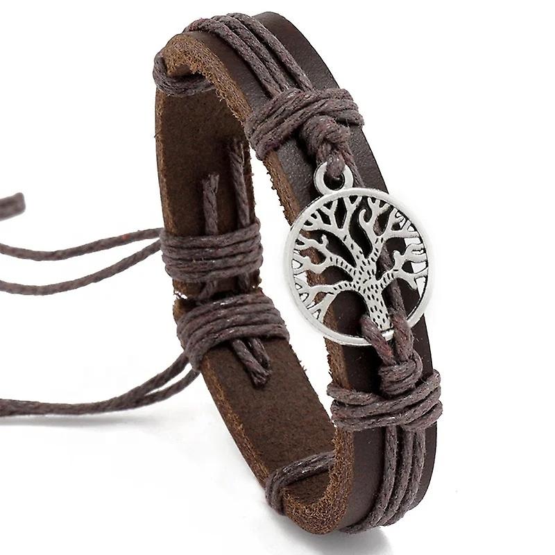 Genuine Leather Adjustable Brown Bracelet for Men - With Tree 