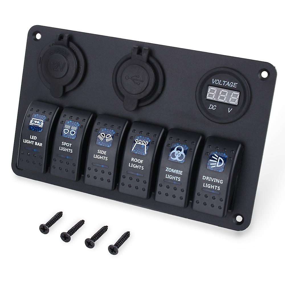 6 Way LED Rocker Switch Panel for Car Boat with USB Socket Cigarette Lighter Plug and Voltmeter Voltage Meter