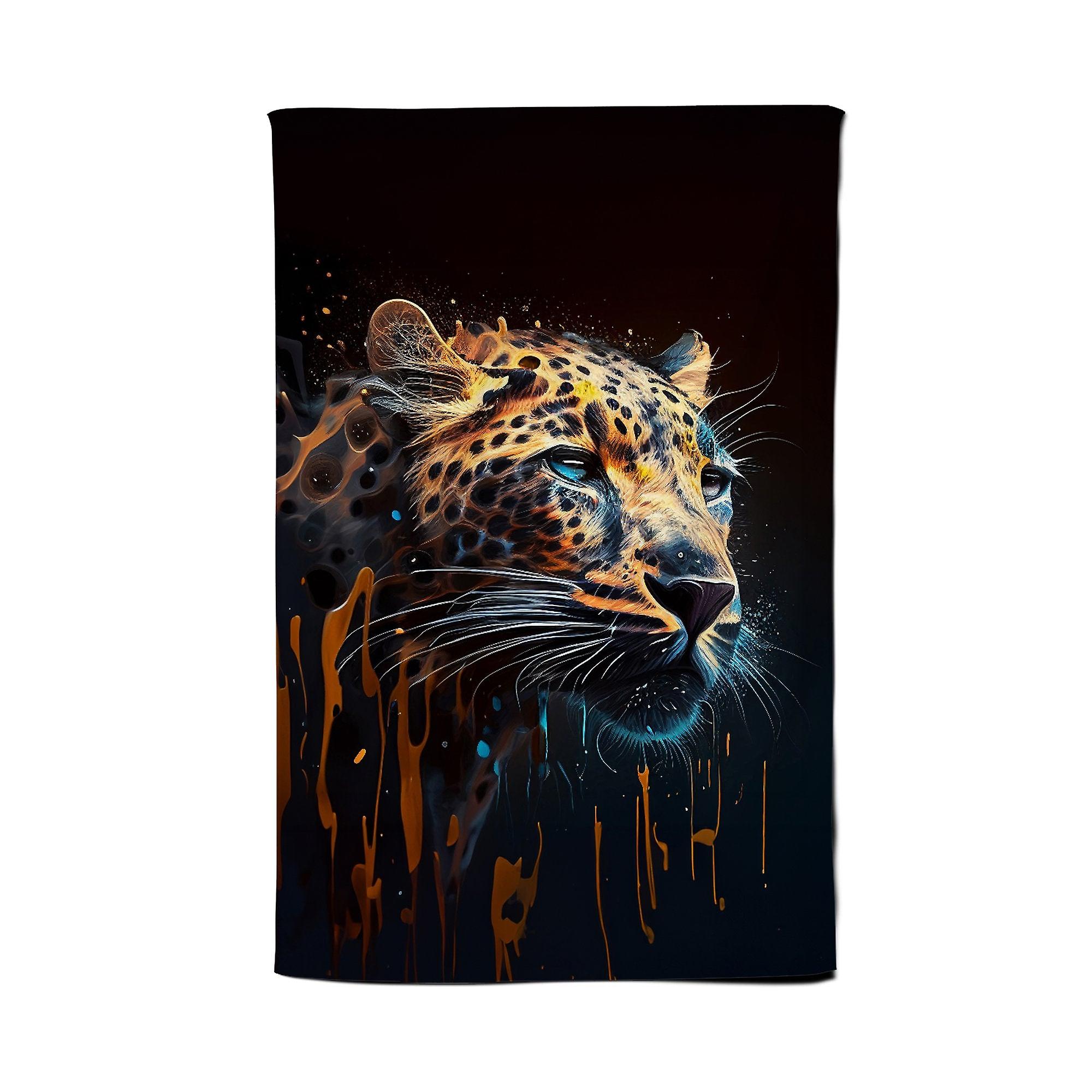 Leapoard Face Splashart On Dark Background Tea Towel