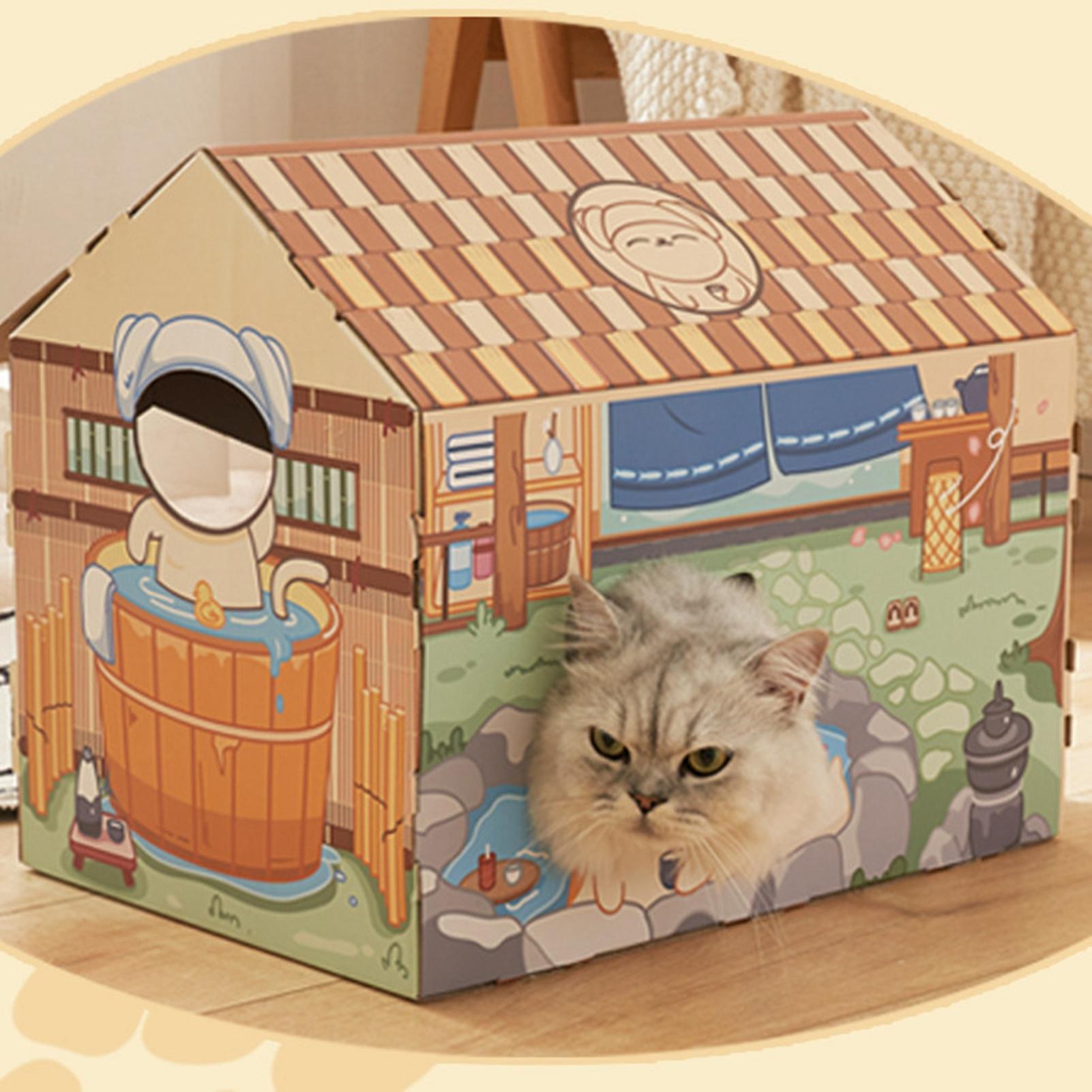 Cardboard Cat House Safe Healthy Wear Resistant Portable Cat Play House with Catnip for Cats Coffee House 